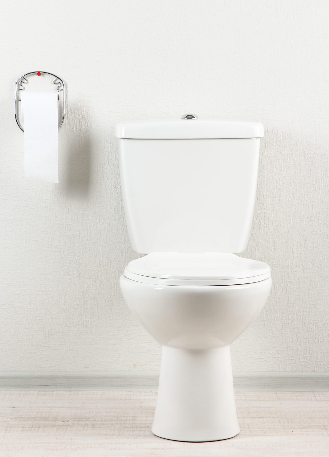 White classic toilet with toilet paper roll in clean modern bathroom