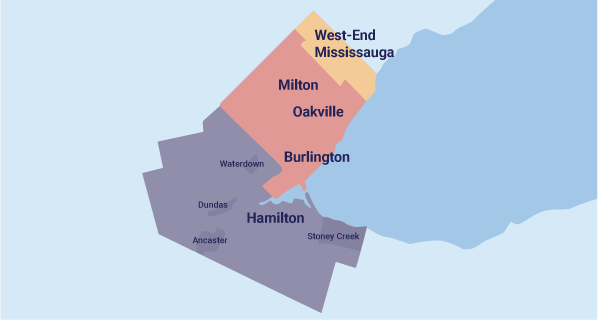 VitaPlumbingServiceAreaMap-SM Simple map of Vita Plumbing service areas, including Hamilton, Burlington, Oakville, Milton, and West-End Mississauga